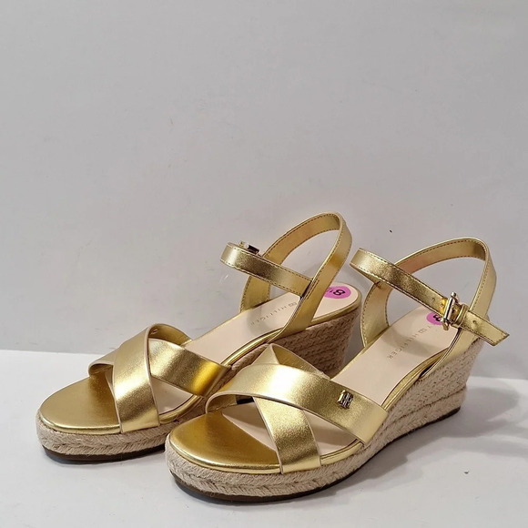 Tommy Hilfiger NEW Gold Platform Espadrille Ankle Strap Coquette Wedges Size 8.5 - Picture 4 of 13